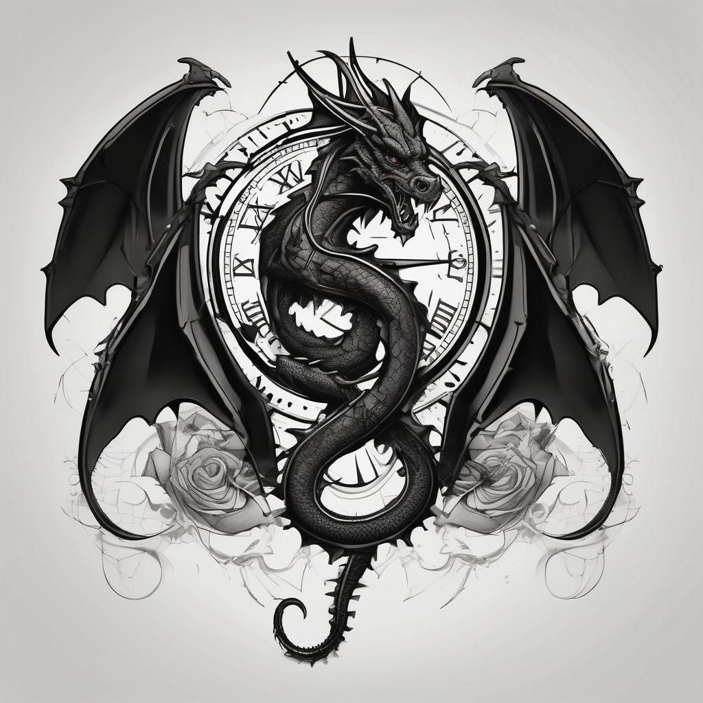 Dark dragon tattoo with clock and dollars on background drake tattoos, design de tatouage Géométrique généré par IA